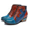 SOCOFY Retro Irregular Stitching Genuine Leather Printing Low Heel Ankle Boots - Blue