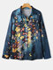Butterflies Print Long Sleeve Lapel Shirt For Women - Blue