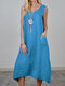 Damen Solid Rundhalsausschnitt, Doppeltasche, Baumwolle, ärmellos Kleid - Blau