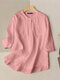 Solid 3/4 Sleeve Pocket Button Front Stand Collar Casual Blouse - Pink