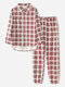 Women Plus Size Check Print Cotton High Low Hem Elastic Cuff Casual Loose Homewear Pajamas Set - Red