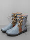 Plus Size Women Retro Comfy Round Toe Pu Leather Strappy Flat Short Boots - Blue