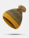 Unisex Cotton Thread Knitted Thickened Argyle Jacquard Fur Ball Decoration Warmth Brimless Beanie Hat - Yellow