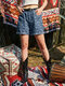 Floral Print Pocket Casual Denim Shorts For Women - Blue
