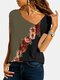Асимметричная блузка с длинным рукавом в стиле пэчворк с ситцевым принтом Plus Размер для Женское - Армейский Зеленый