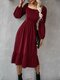Solid Square Collar Shirred Long Sleeve Casual Dress - Wine Red