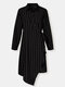 Striped Print Button Knotted Asymmetrical Long Sleeve Casual Dress - Black