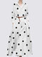 Polka Dot Print Pleated Pocket Long Sleeve Maxi Dress - White