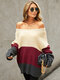 Contrast Color Long Sleeve Slash Neck Loose Sweater For Women - Red