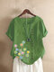 Flowers Print Button Short Sleeve Plus Size T-shirt for Women - Green