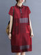 Check Pattern Short Sleeve Pocket Button Lapel Dress - Wine Red