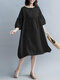 Fungus Solid Color O-neck Button 3/4 Length Sleeve Loose Dress - Black