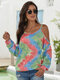 Tie-dyed Print Off The Shoulder Long Sleeves T-shirt - As Picture