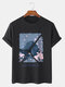 Mens Cherry Blossoms Mountain Graphic Short Sleeve Cotton T-Shirts - Black