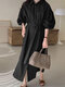 Solid Puff Sleeves Lapel Button Down Shirt Dress With Belt - Black