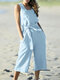 Solid Pocket Sleeveless Square Collar Jumpsuit With Belt - Blue
