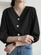 Textured Contrast Button Front V-neck 3/4 Sleeve Blouse - Black