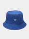 Unisex washed Made-old Cotton Solid Color Crown Pattern Embroidery Simple Bucket Hat - Blue