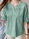 Solid Lace Panel Button Front Crew Neck Short Sleeve Blouse - Green