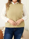 Plus Size Solid Backless Button Casual Sleeveless Sweater - Khaki