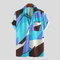 Mens Hit Color Abstract Printed Chest Pocket Turn Down Collar Short Sleeve Loose Shirts - Blue