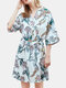 Plus Size Women Faux Silk Smooth Flower Printed Half Sleeves Robes Sleepwear With Belt - White