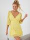Solid Ruffle Hem V-neck 3/4 Sleeve Zip Casual Dress - Yellow