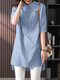 Striped Pattern Half Sleeve High-low Pocket Button Blouse - Blue