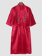 Men Floral Embroidered Chinese Style Belted Half Sleeve Calf Length Soft Robes - Red