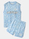 Mens Paisley Letter Print Mesh Sleeveless Tank Two Pieces Outfits - Blue