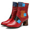 SOCOFY ColorBlock Embossed Leather Comfy Wearable Side Zipper Chunky Heel Short Boots - Red