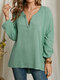 Solid Long Sleeve Button V-neck Loose Women Blouse - Green