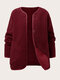 Plus Size Solid Color Pocket Button Women Teddy Coat - Wine Red