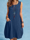 Solid Button Pocket Sleeveless Casual Cotton Midi Dress - Blue