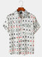 Mens Chinese Mahjong Print Lapel Button Up Short Sleeve Street Shirt - White