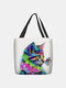 Women Colorful Cat Pattern Print Shoulder Bag Handbag Tote - Gray