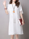 Literary Stitching A-word Hollow Thin Long Sleeve Cotton Linen Dress - White