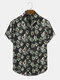 Mens Flower Plant Print Button Up Vacation Short Sleeve Shirts - Black