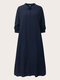 Plus Size Solid Half Open Collar Pocket Loose Casual Dress - Blue