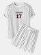 Mens Letter 17 Print Striped Raglan Sleeve Drawstring Two Piece Outfits - White