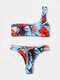 Women One Shoulder All Over Flower Print Tie Front Thong Bikinis Swimwear - Blue