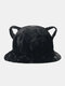 Women Lamb Wool Cartoon Cat Ear Shape Decor Thicken Warm Thermal Hat Bucket Hat - Black