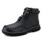 Men Hand Stitching Front Zip Lace Up Cow Leather Casual Ankle Boots - Black