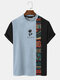 Herren-Patchwork-Kurzarm-T-Shirts mit japanischem Rosen-Ethnomuster - Blau