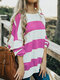 Contrast Color Stripe Long Sleeve Loose Blouse For Women - Rose