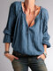 Solid Color Ruffled Button Long Sleeve Blouse For Women - Navy