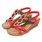 Women Beaded Rhinestone Opened Toe Beach Casual Wedges Sandals - Red