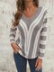 Irregular Stripe V-neck Long Sleeve Vintage Plus Size Knit Blouse - Grey