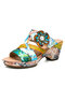 Socofy Genuine Leather Casual Bohemian Ethnic Three-dimensional Flower Contrast Color Comfy Heeled Sandals - Blue