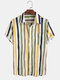 Men Linen Lightweight Breathable Color Striped Short Sleeve Shirt - Green